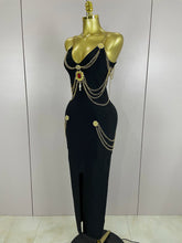 2025New High Quality New Black Chain Spaghetti Strap V-Neck Split Bandage Dress Bodycon Celebrity Club Party Long Dress Vestidos